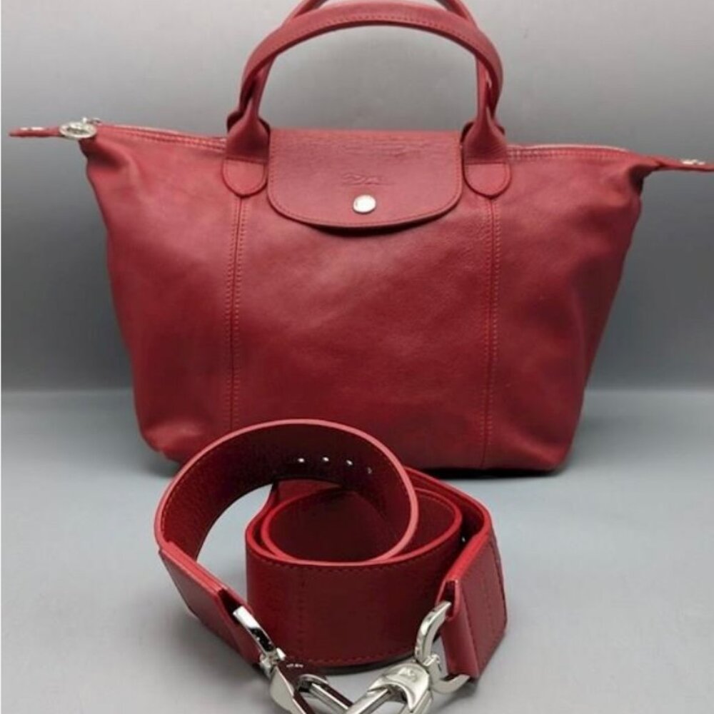 Red Leather Longchamp Lepliage with Strap